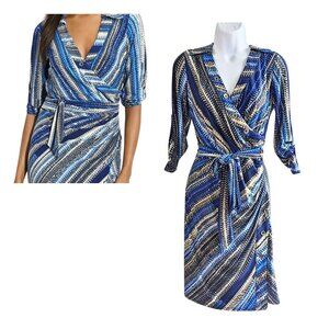 LAUNDRY by SHELLI SEGAL Blue Gray Tire Track Faux Wrap Dress w/ Metal Accents Si